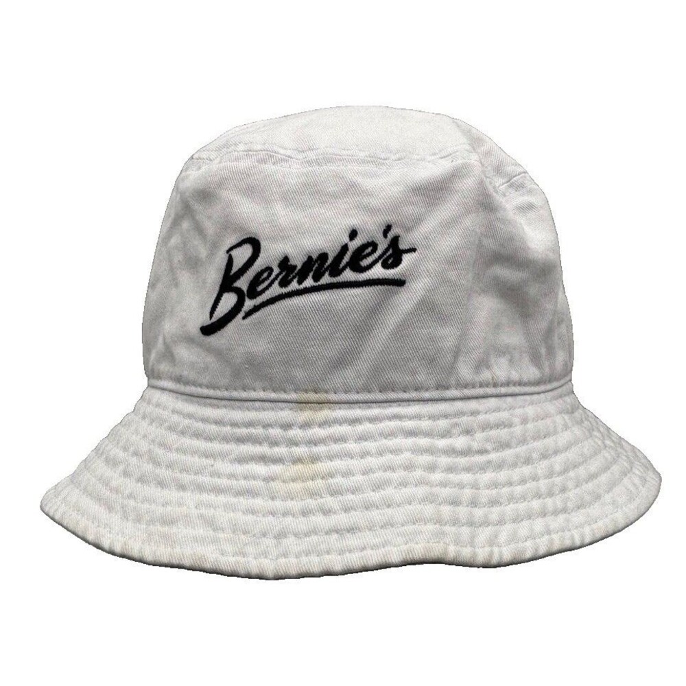 Bernies White Bucket Hat Newhattan Embroidered Script Logo Cotton Sun Cap SM